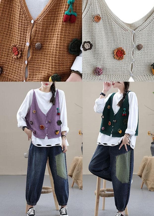 Style Khaki Embroideried Floral Fall Shirt Knit Vest Sleeveless GK-VTP210810