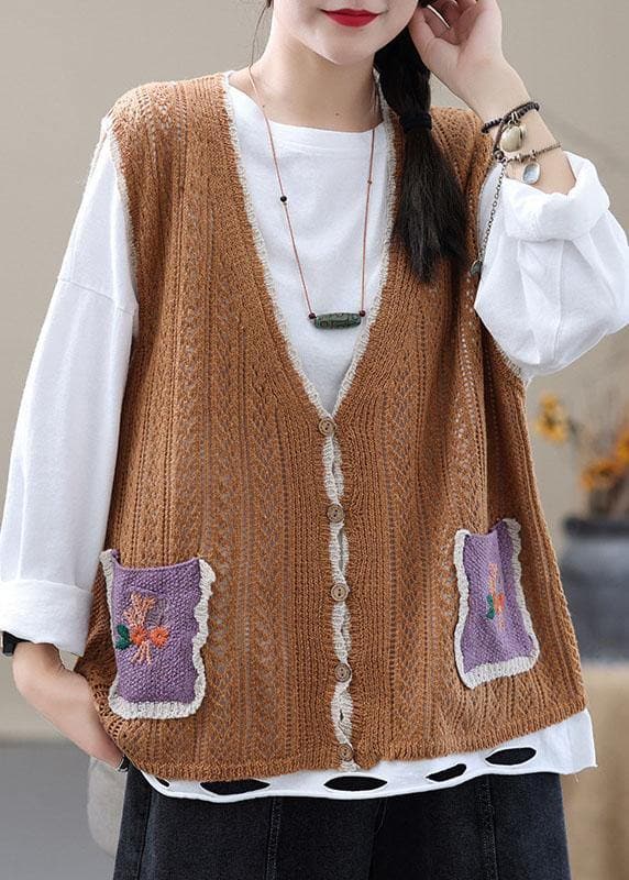 Style Khaki Embroideried Pockets Floral Fall Shirt Knit Vest Sleeveless GK-VTP210810