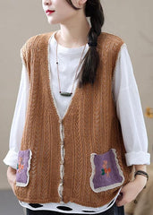 Style Khaki Embroideried Pockets Floral Fall Shirt Knit Vest Sleeveless GK-VTP210810