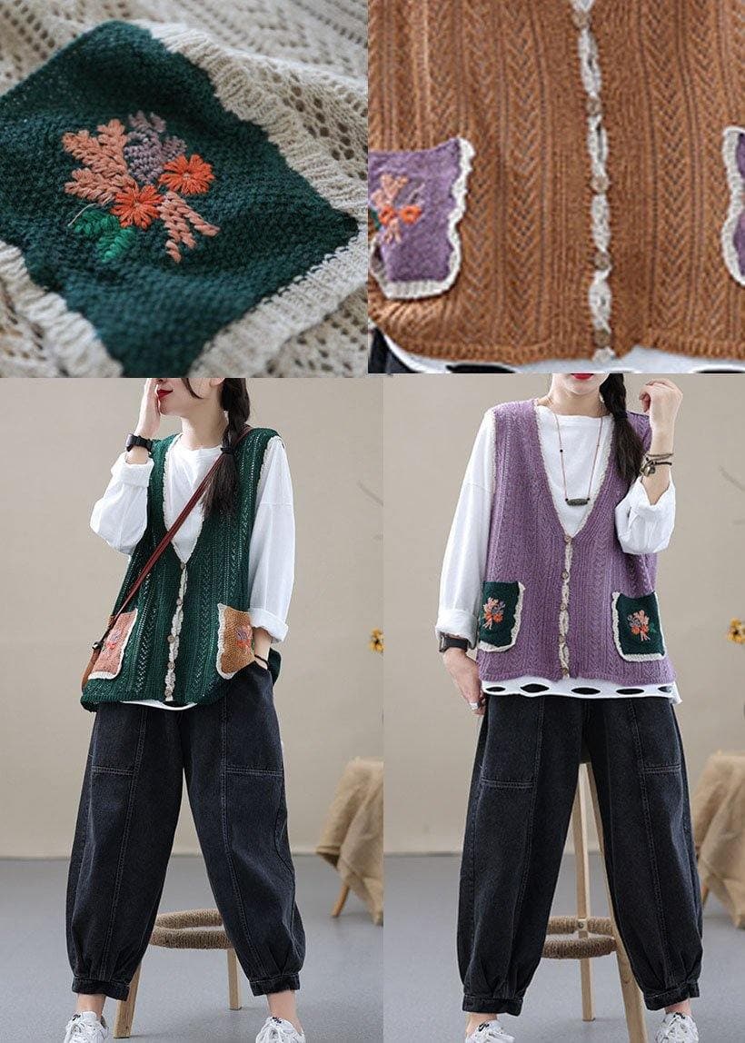 Style Khaki Embroideried Pockets Floral Fall Shirt Knit Vest Sleeveless GK-VTP210810