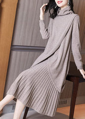 Style Khaki Turtle Neck Asymmetrical Design Knit Pleated Dress Two Piece Set Winter GK-TPIEC220830