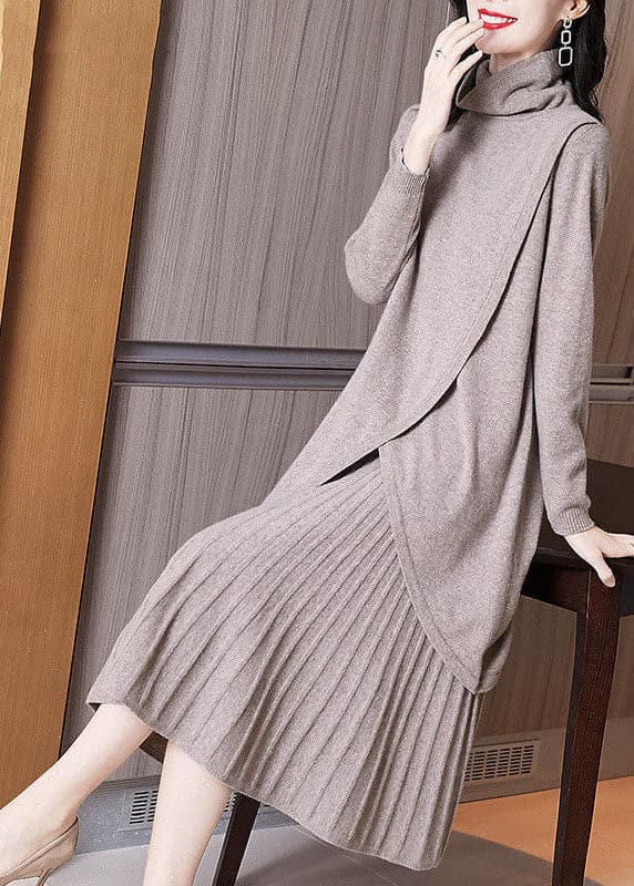 Style Khaki Turtle Neck Asymmetrical Design Knit Pleated Dress Two Piece Set Winter GK-TPIEC220830