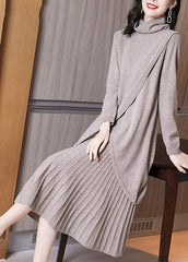 Style Khaki Turtle Neck Asymmetrical Design Knit Pleated Dress Two Piece Set Winter GK-TPIEC220830