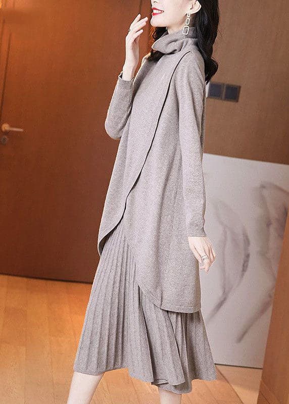 Style Khaki Turtle Neck Asymmetrical Design Knit Pleated Dress Two Piece Set Winter GK-TPIEC220830