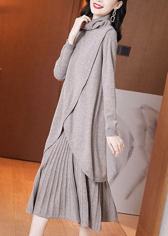 Style Khaki Turtle Neck Asymmetrical Design Knit Pleated Dress Two Piece Set Winter GK-TPIEC220830