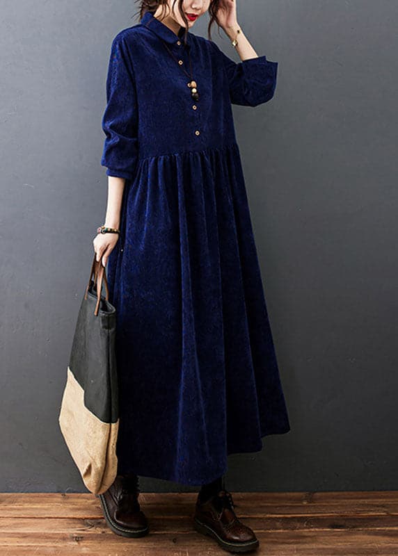 Style Navy Peter Pan Collar Button Corduroy Long Dress Spring YLHC-FDL211124