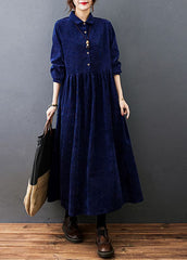 Style Navy Peter Pan Collar Button Corduroy Long Dress Spring YLHC-FDL211124