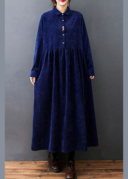 Style Navy Peter Pan Collar Button Corduroy Long Dress Spring YLHC-FDL211124