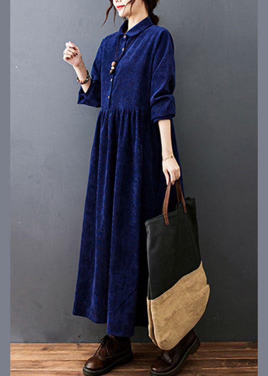 Style Navy Peter Pan Collar Button Corduroy Long Dress Spring YLHC-FDL211124