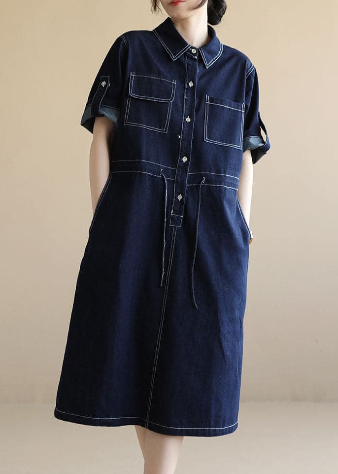 Style Navy Peter Pan Collar Pockets Drawstring Cotton Denim Dresses Short Sleeve TRCP-SDL220620