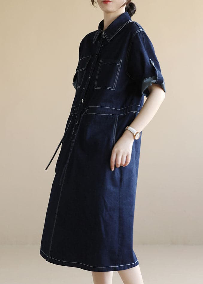 Style Navy Peter Pan Collar Pockets Drawstring Cotton Denim Dresses Short Sleeve TRCP-SDL220620