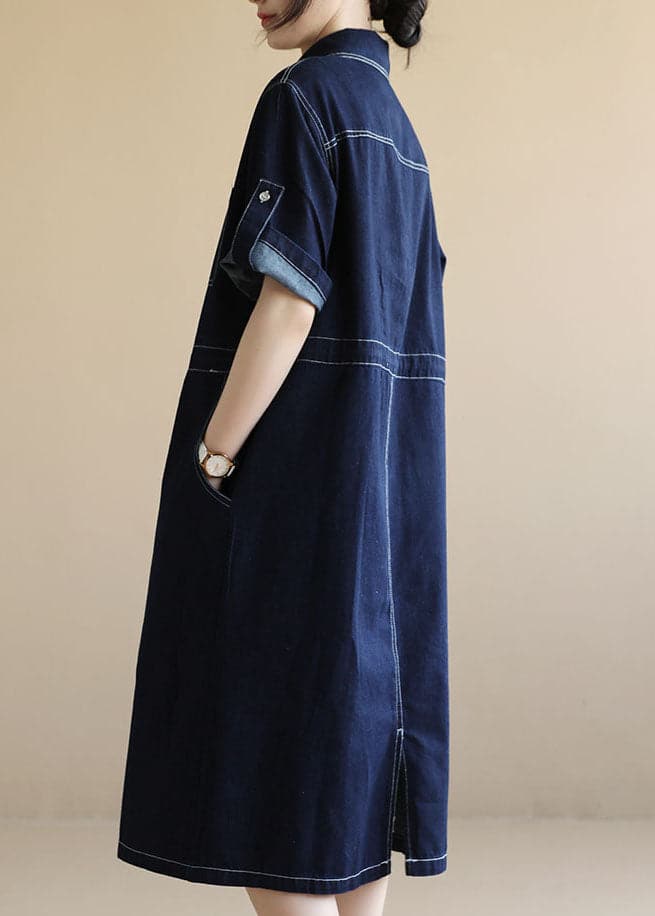 Style Navy Peter Pan Collar Pockets Drawstring Cotton Denim Dresses Short Sleeve TRCP-SDL220620