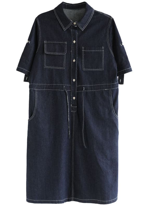 Style Navy Peter Pan Collar Pockets Drawstring Cotton Denim Dresses Short Sleeve TRCP-SDL220620