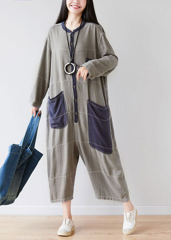 Style O-Neck Grey Pockets Patchwork Jumpsuits Spring dylinoshop