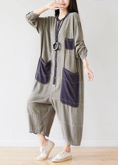 Style O-Neck Grey Pockets Patchwork Jumpsuits Spring dylinoshop