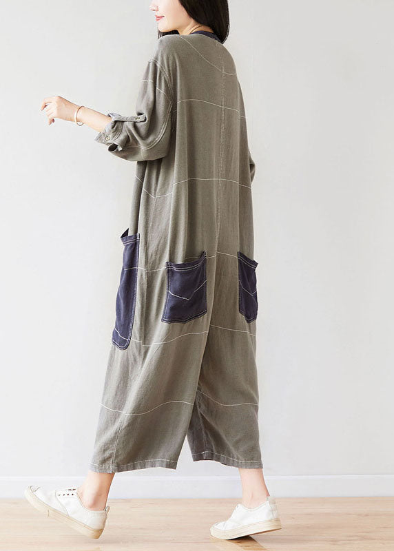 Style O-Neck Grey Pockets Patchwork Jumpsuits Spring dylinoshop