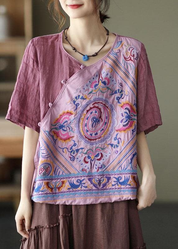 Style Pink Print Side Open tie Summer Linen Blouses Half Sleeve GK-HTP210720