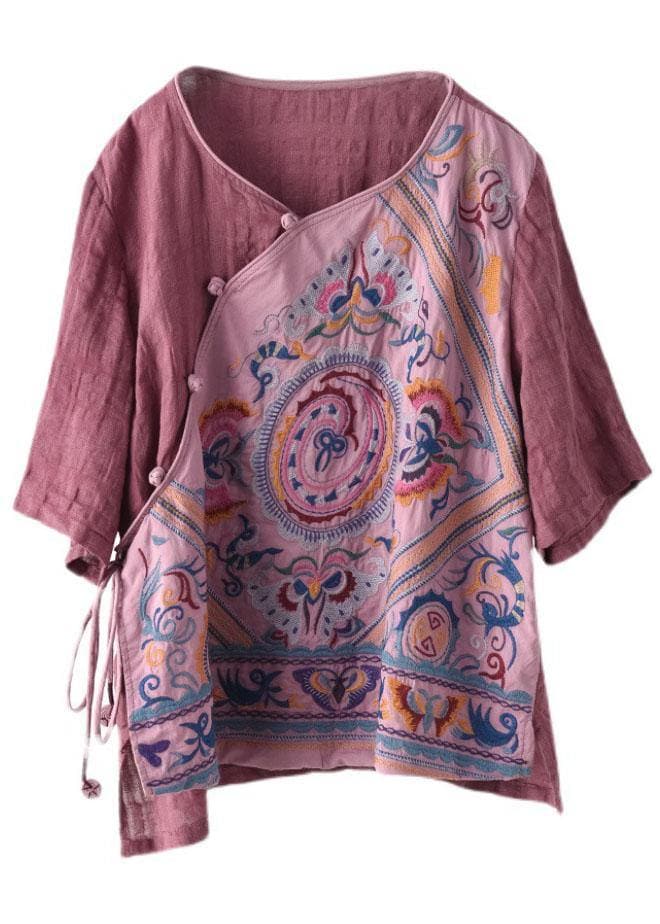 Style Pink Print Side Open tie Summer Linen Blouses Half Sleeve GK-HTP210720