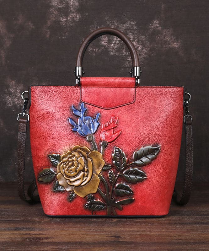 Style Red Floral Paitings Calf Leather Tote Handbag BGS220210