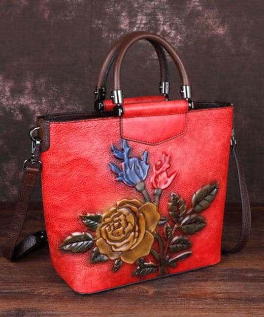 Style Red Floral Paitings Calf Leather Tote Handbag BGS220210