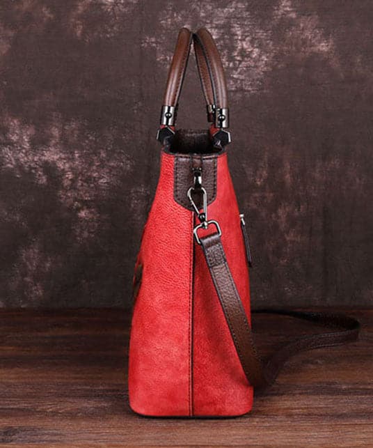 Style Red Floral Paitings Calf Leather Tote Handbag BGS220210