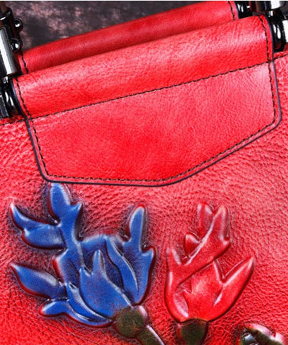 Style Red Floral Paitings Calf Leather Tote Handbag BGS220210