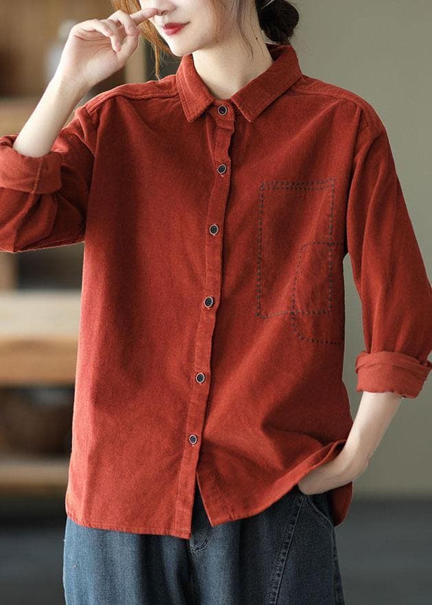 Style Red Retro Peter Pan Collar Button Fall Corduroy Long Sleeve Tops GK-LTP210810