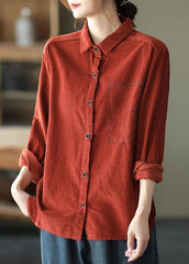 Style Red Retro Peter Pan Collar Button Fall Corduroy Long Sleeve Tops GK-LTP210810