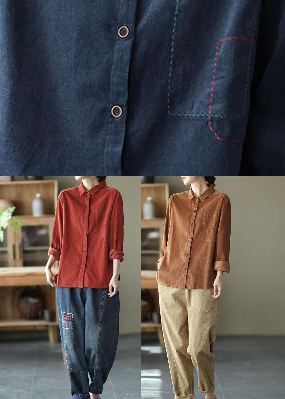 Style Red Retro Peter Pan Collar Button Fall Corduroy Long Sleeve Tops GK-LTP210810