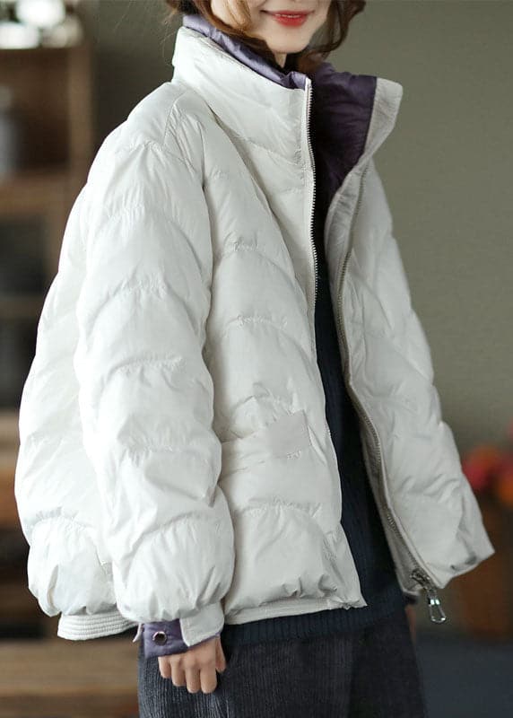 Style White Stand Collar zippered Pockets Thick Winter Down Jacket GK-DJK211012