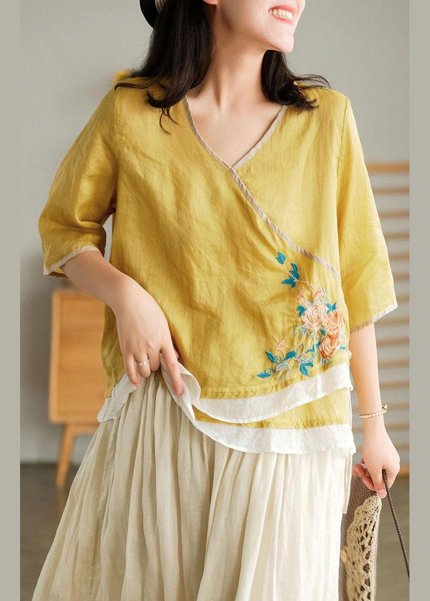 Style Yellow Embroideried Asymmetrical design Ramie Summer Blouses GK-HTP210715