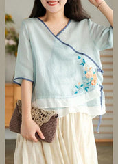 Style Yellow Embroideried Asymmetrical design Ramie Summer Blouses GK-HTP210715