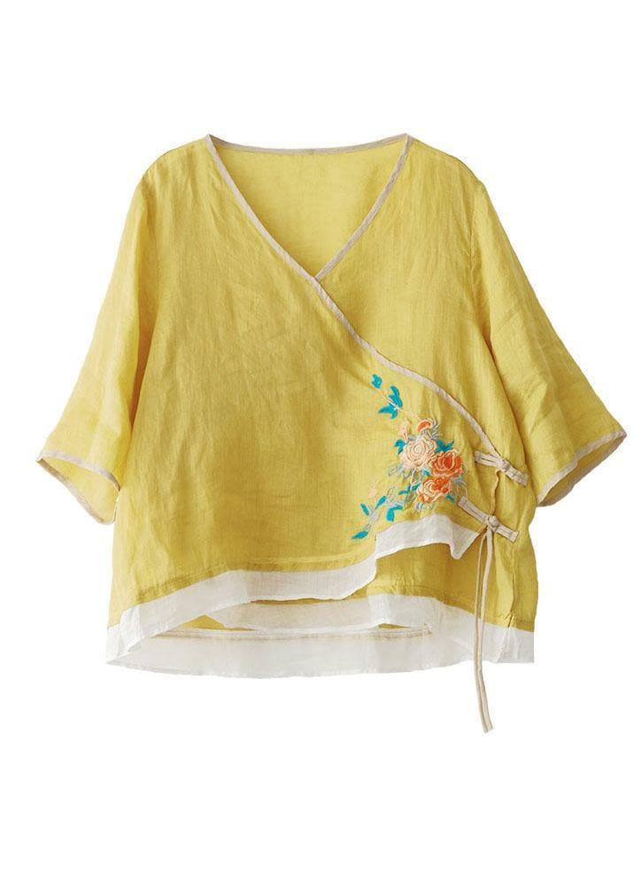 Style Yellow Embroideried Asymmetrical design Ramie Summer Blouses GK-HTP210715