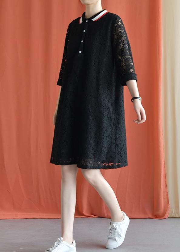 Style black Cotton clothes lapel lace Plus Size fall Dress FDM190827