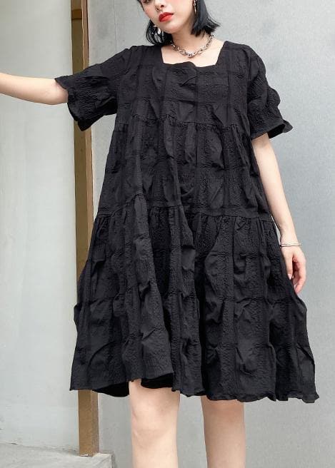 Style black Cotton tunic dress Square Collar Cinched oversized summer Dresses AT-SDM200623