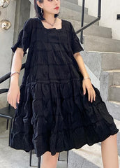 Style black Cotton tunic dress Square Collar Cinched oversized summer Dresses AT-SDM200623