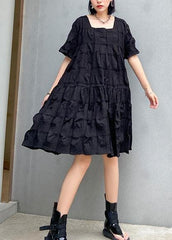 Style black Cotton tunic dress Square Collar Cinched oversized summer Dresses AT-SDM200623