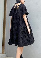 Style black Cotton tunic dress Square Collar Cinched oversized summer Dresses AT-SDM200623