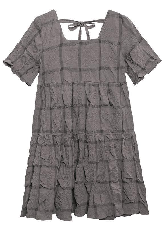 Style black Cotton tunic dress Square Collar Cinched oversized summer Dresses AT-SDM200623