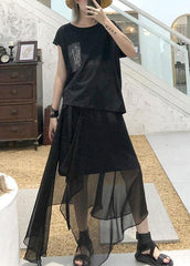 Style black chiffon quilting skirts asymmetric hem Traveling summer skirt AT-SKTS190717