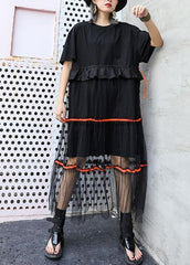 Style black cotton tunic dress patchwork tulle Dresses ruffles Dress AT-SDL190717