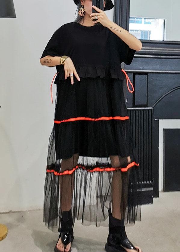 Style black cotton tunic dress patchwork tulle Dresses ruffles Dress AT-SDL190717