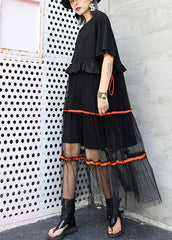 Style black cotton tunic dress patchwork tulle Dresses ruffles Dress AT-SDL190717