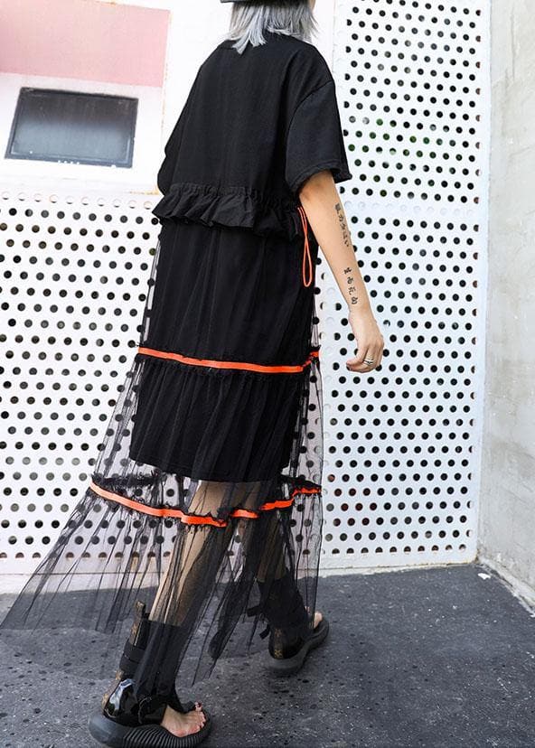 Style black cotton tunic dress patchwork tulle Dresses ruffles Dress AT-SDL190717