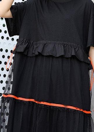 Style black cotton tunic dress patchwork tulle Dresses ruffles Dress AT-SDL190717