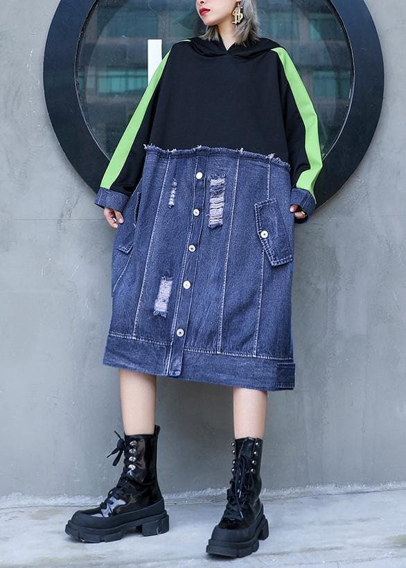 Style black patchwork denim blue outfit hooded Hole shift Dresses AT-FDL191023