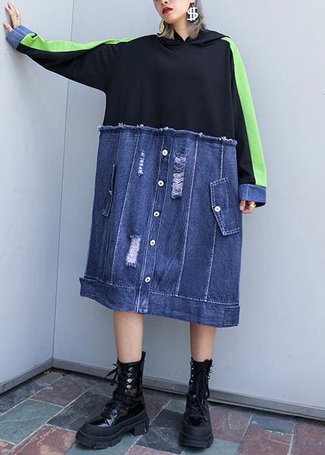 Style black patchwork denim blue outfit hooded Hole shift Dresses AT-FDL191023