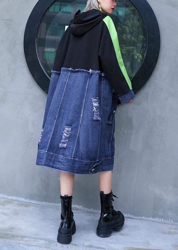 Style black patchwork denim blue outfit hooded Hole shift Dresses AT-FDL191023