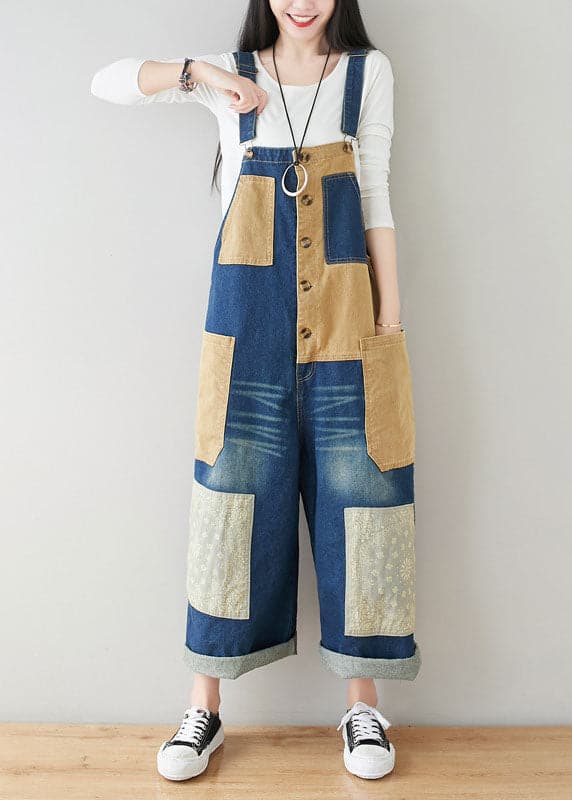 Style dark Blue Pockets Patchwork Cotton denim Jumpsuits Spring YSBS-JPTS220121