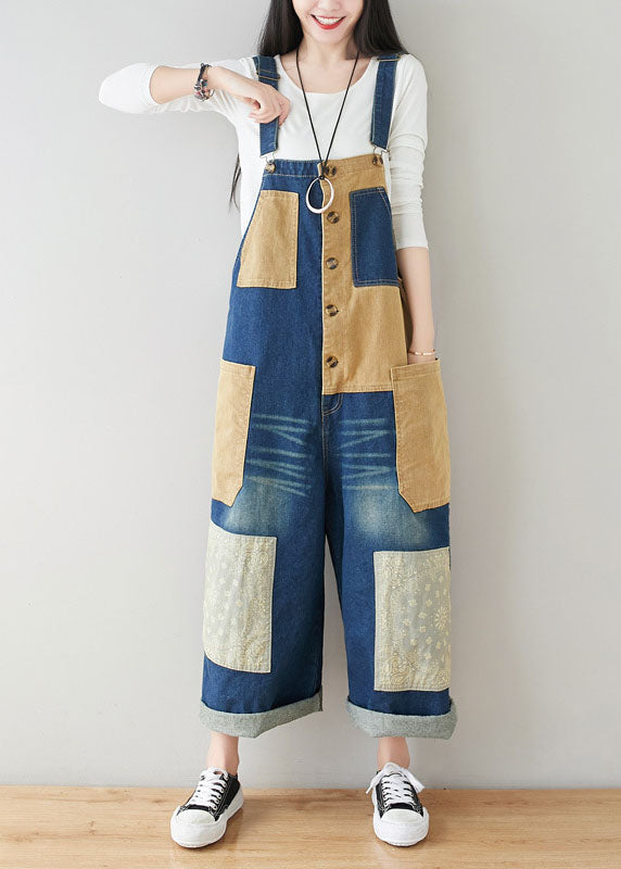 Style dark Blue Pockets Patchwork Cotton denim Jumpsuits Spring dylinoshop